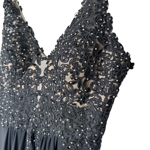 Faviana Black Chiffon Lace Embroidered Beaded Top Prom Evening Gown Dress Size 2 - Picture 4 of 11